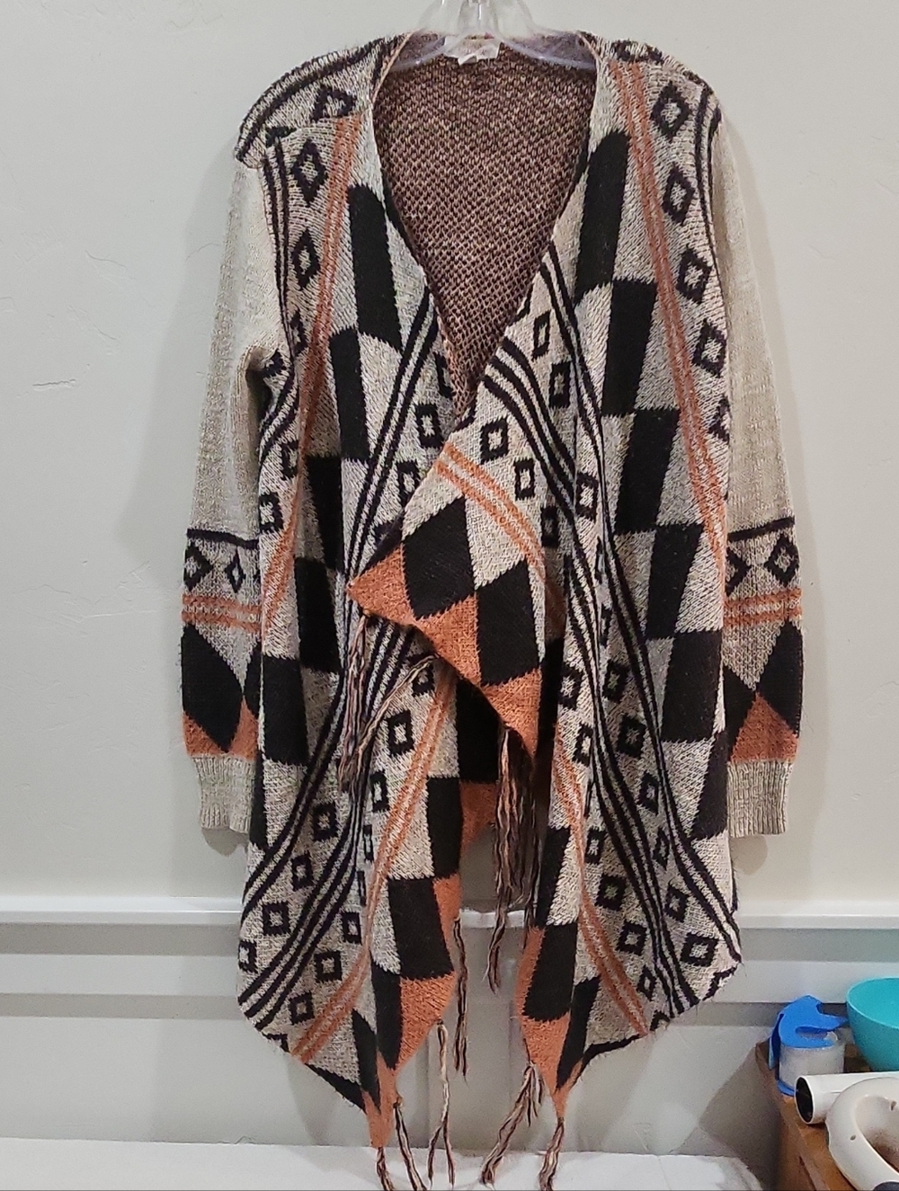Sun & Shadow Open-Front Geometric Cardigan - Cream, Black & Peach